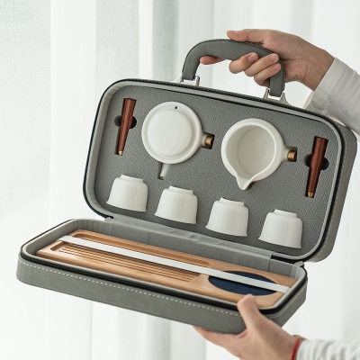 白瓷纯色侧把壶便携式旅行茶具套装一壶四杯家用简约泡茶便携包