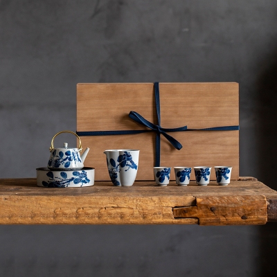 复古手绘柿子木盒茶具套装 家用陶瓷简约商务活动送礼礼盒激光