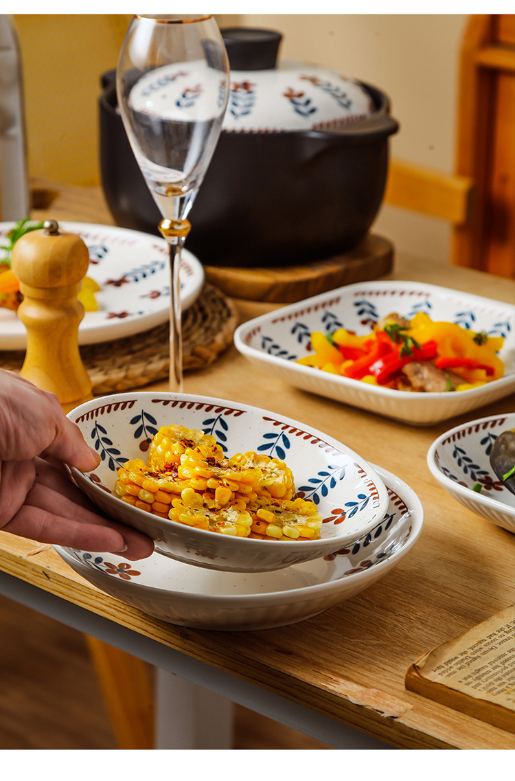 碗日式高颜值复古小花碗盘子组合家用餐厅碗碟套装陶瓷餐具