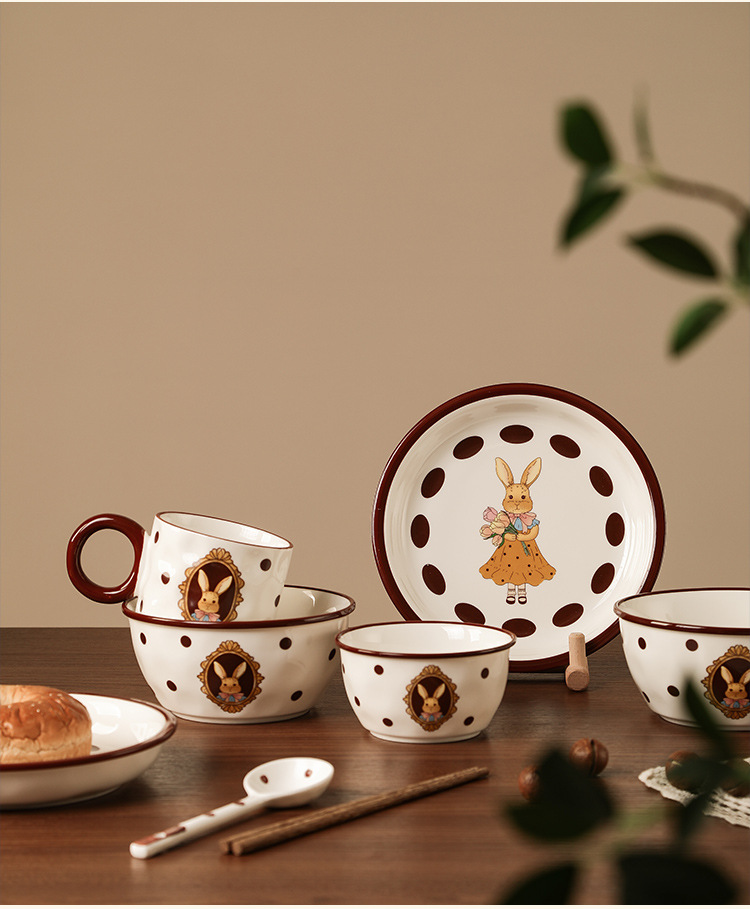 瑞亚兔复古陶瓷碗筷套装高颜值创意四人食饭碗餐具礼盒伴手礼